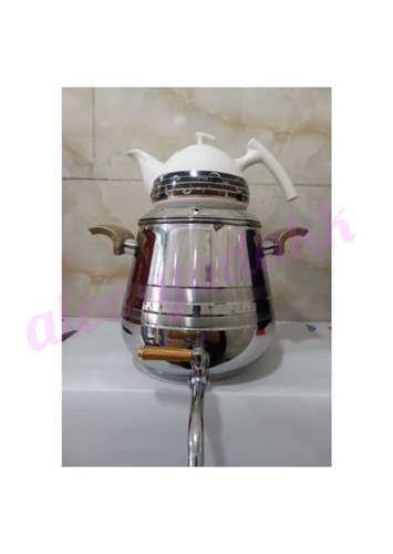 کتری استیل شیردار با قوری چینی سفید و نوار مشکی مدل رویهمی