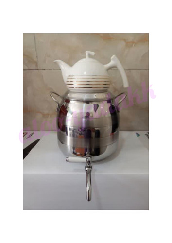 کتری استیل شیردار با قوری چینی نوار طلایی مدل رویهمی