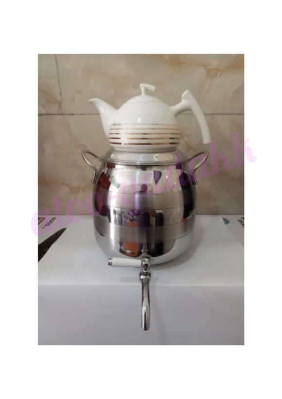 کتری استیل شیردار با قوری چینی نوار طلایی مدل رویهمی