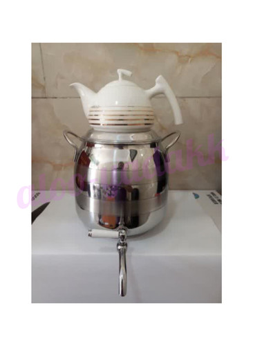 کتری استیل شیردار با قوری چینی نوار طلایی مدل رویهمی