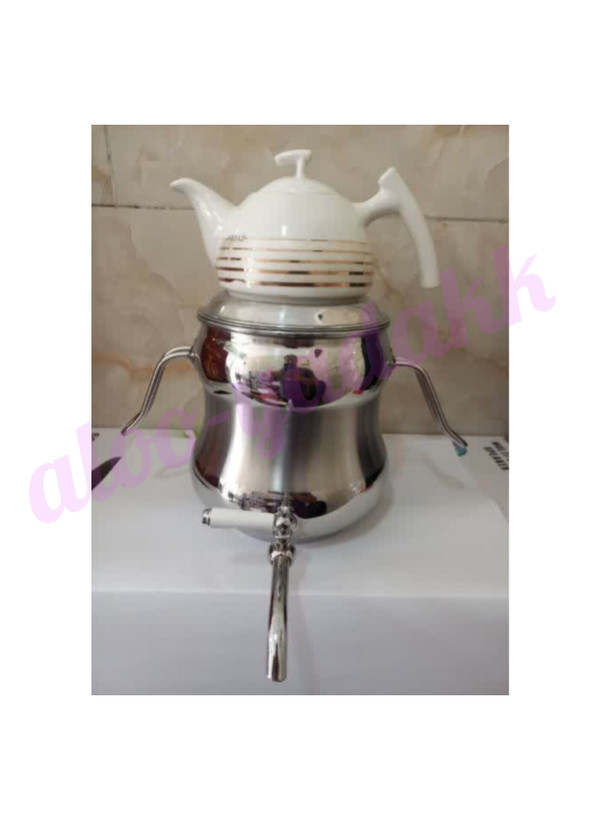 کتری استیل شیردار با قوری چینی نوار طلایی مدل رویهمی
